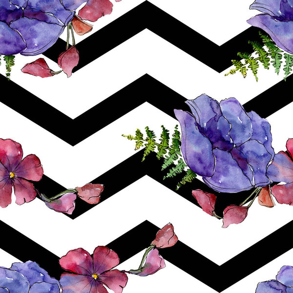 Blue purple bouquet floral botanical flowers. Watercolor background illustration set. Seamless background pattern.