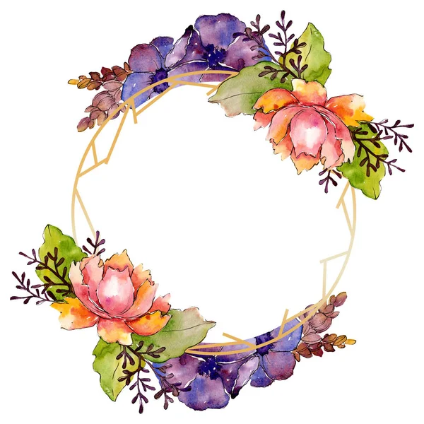 Blaulila Blumenstrauß mit botanischen Blumen. Aquarell Hintergrundillustration Set. Rahmen Rand Ornament Quadrat. — Stockfoto