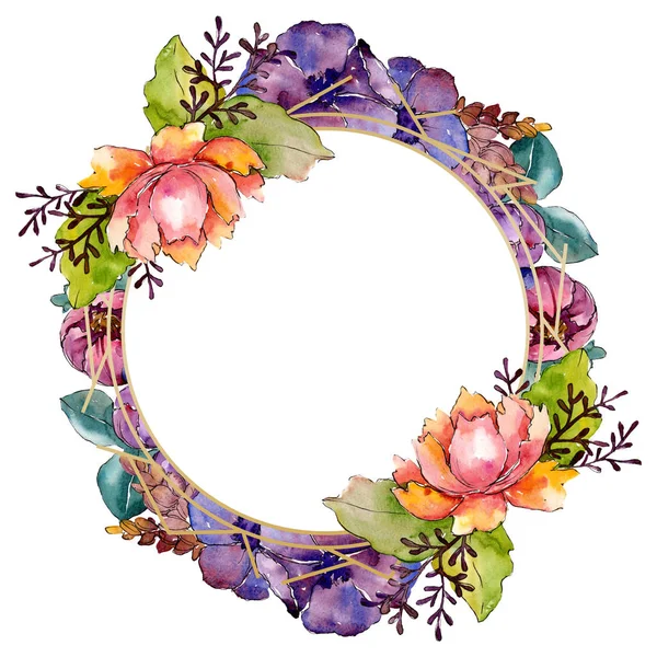 Ramo azul púrpura flores botánicas florales. Conjunto de ilustración de fondo acuarela. Marco borde ornamento cuadrado . —  Fotos de Stock