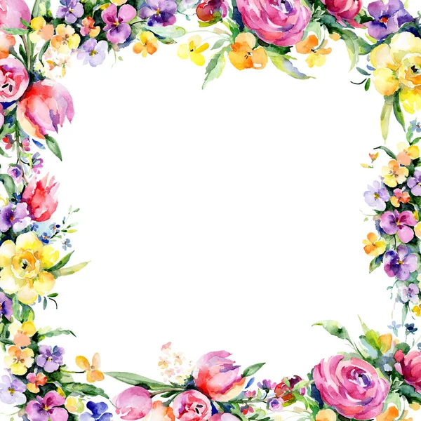 Bouquets fiori botanici floreali. Acquerello sfondo illustrazione set. Quadrato ornamento bordo cornice . — Foto Stock