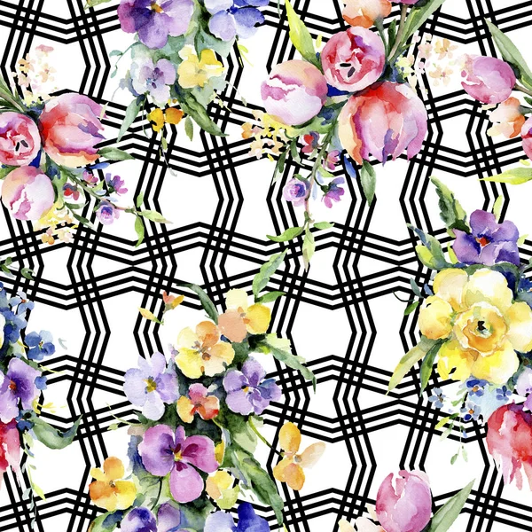 Buketler çiçek botanik çiçekler. Suluboya arka plan illüstrasyon küme. Sorunsuz arka plan deseni.