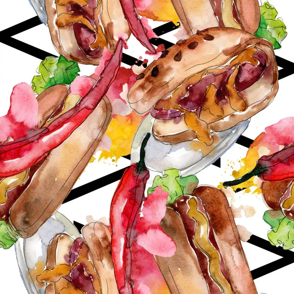Illustrazione fast food hot dog. Acquerello sfondo illustrazione set. Modello di sfondo senza soluzione di continuità . — Foto Stock