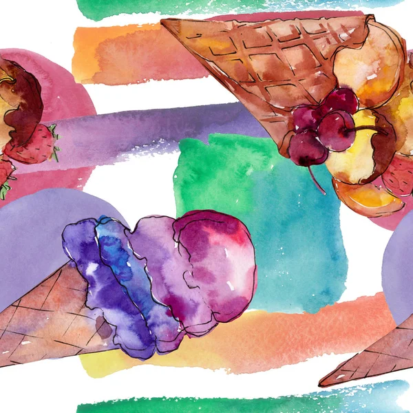 Смачне морозиво в акварельному стилі. Набір ілюстрацій для солодкого десерту Aquarelle. Безшовний візерунок тла . — стокове фото