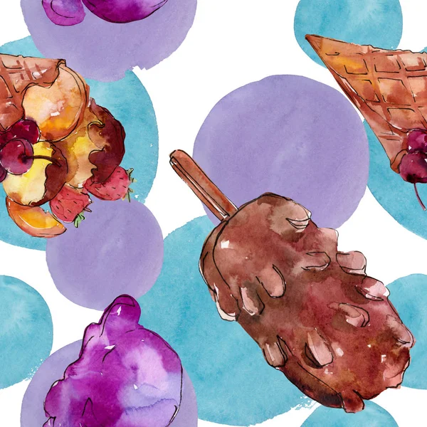 Leckeres Eis im Aquarell-Stil. Aquarell süßes Dessertillustrationsset. nahtloses Hintergrundmuster. — Stockfoto