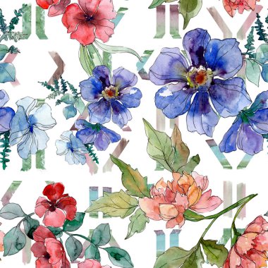 Lüks moda kır çiçekleri ile yazdırır. Suluboya arka plan illüstrasyon küme. Sorunsuz arka plan deseni.