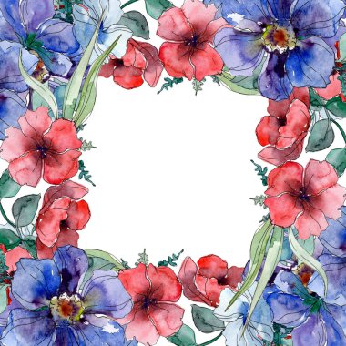 Kır çiçeği buket botanik çiçek. Suluboya arka plan illüstrasyon küme. Çerçeve kenarlığı kristal süsleme Meydanı.