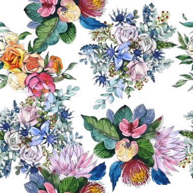Yaban çiçekleri buket çiçek botanik çiçekler. Suluboya arka plan illüstrasyon seti. Kesintisiz arka plan deseni.