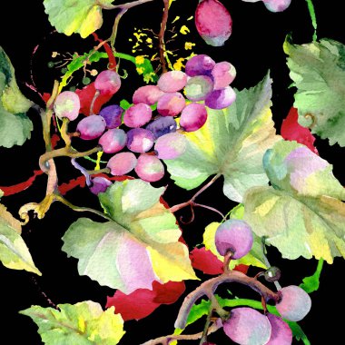 Üzüm meyve sağlıklı gıda. Suluboya illüstrasyon seti. Kesintisiz arka plan deseni. Kumaş duvar kağıdı baskı doku.