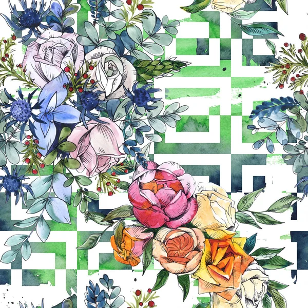 ワイルドフラワーブーケ花の植物の花。水彩画背景イラストセット。シームレスな背景パターン. — ストック写真