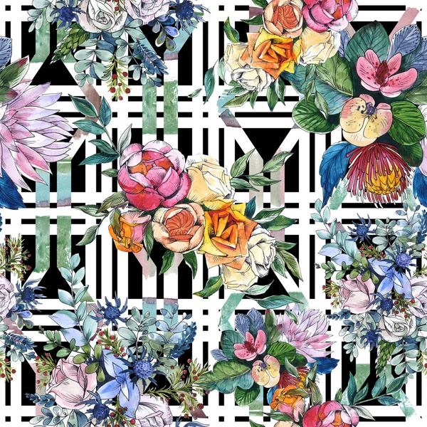 Flores silvestres buquê flores botânicas florais. Conjunto de ilustração de fundo aquarela. Padrão de fundo sem costura . — Fotografia de Stock
