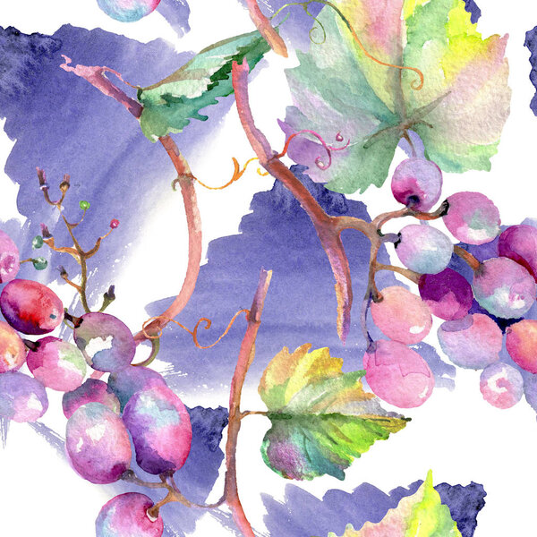 Grape berry healthy food. Watercolor illustration set. Seamless background pattern. Fabric wallpaper print texture.