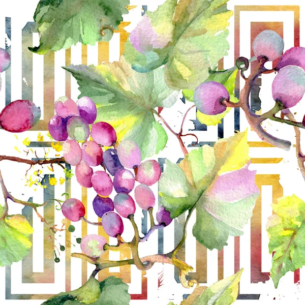 Comida saludable de uva y bayas. Juego de ilustración en acuarela. Patrón de fondo sin costuras. Textura de impresión de papel pintado de tela . — Foto de Stock