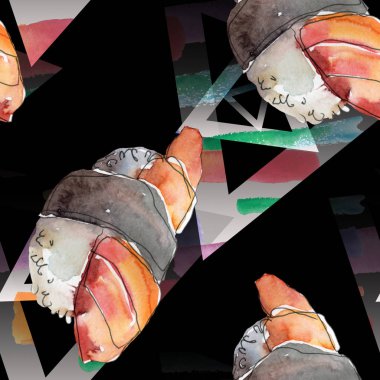 Güzel lezzetli Japon yemekleri illüstrasyon suluboya suşi kümesi. Sorunsuz arka plan deseni.