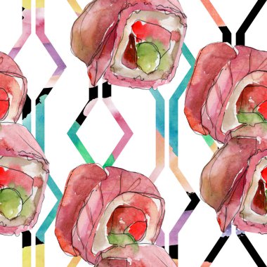 Güzel lezzetli Japon yemekleri illüstrasyon suluboya suşi kümesi. Sorunsuz arka plan deseni.