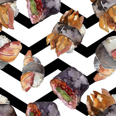 Güzel lezzetli Japon yemekleri illüstrasyon suluboya suşi kümesi. Sorunsuz arka plan deseni.