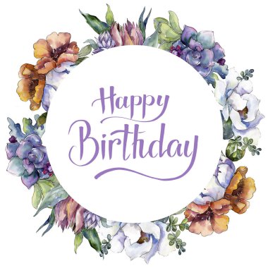 Buketler çiçek botanik çiçekler. Suluboya arka plan illüstrasyon küme. Çerçeve kenarlığı süsleme Meydanı.