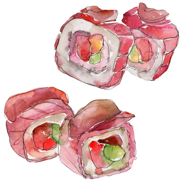 水彩寿司套, 美丽美味的日本美食插画。在白色背景上隔离的手绘对象. — 图库照片