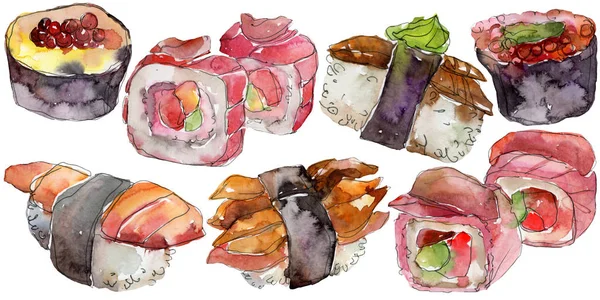 Acuarela sushi conjunto de hermosa sabrosa comida japonesa ilustración. Objetos dibujados a mano aislados sobre fondo blanco . — Foto de Stock