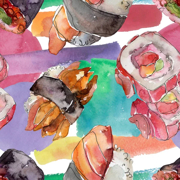 Conjunto de sushi aquarela de bela ilustração de comida japonesa saborosa. Padrão de fundo sem costura . — Fotografia de Stock