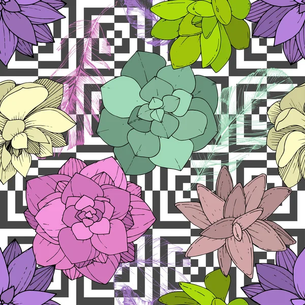 Vecteur Succulents floraux fleur botanique. Encre gravée. Modèle de fond sans couture . — Image vectorielle