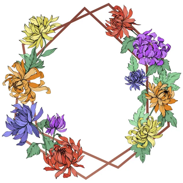Vecteur Fleurs botaniques florales de Chrysanthème. Encre gravée. Cadre bordure cristal ornement carré . — Image vectorielle