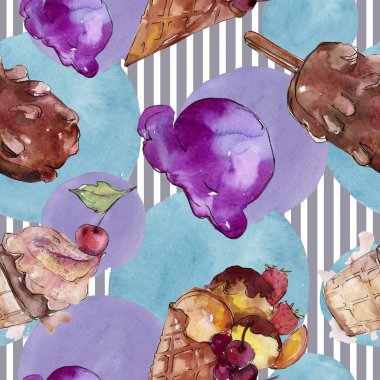 Sulu Boya stilinde lezzetli dondurma. Aquarelle şekerli tatlı şekilde ayarlayın. Sorunsuz arka plan deseni.