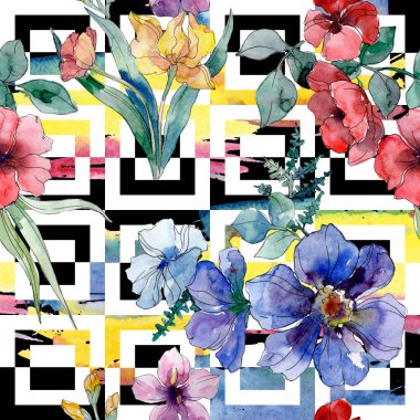 Lüks moda kır çiçekleri ile yazdırır. Suluboya arka plan illüstrasyon küme. Sorunsuz arka plan deseni.