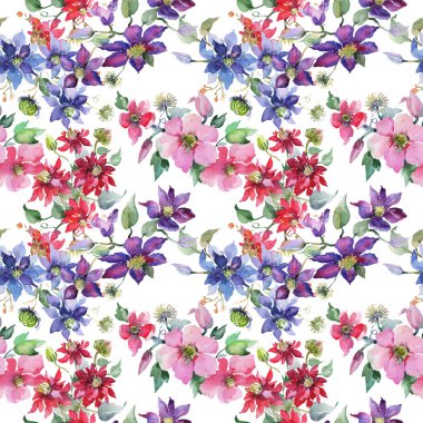 Clematis çiçek botanik çiçekleri buket. Suluboya arka plan illüstrasyon seti. Kesintisiz arka plan deseni.