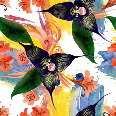 Siyah orkide çiçek botanik çiçekler. Suluboya arka plan illüstrasyon seti. Kesintisiz arka plan deseni.