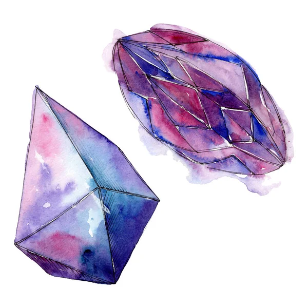 Színes gyémánt rock ékszerek ásványi anyagok. Akvarell háttér beállítása. Elszigetelt kristály ábra elem. — Stock Fotó