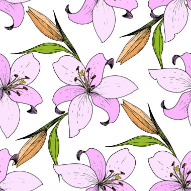 Vektör Lily botanik çiçek. Oyulmuş mürekkep sanat. Sorunsuz arka plan deseni. Kumaş duvar kağıdı yazdırma doku.