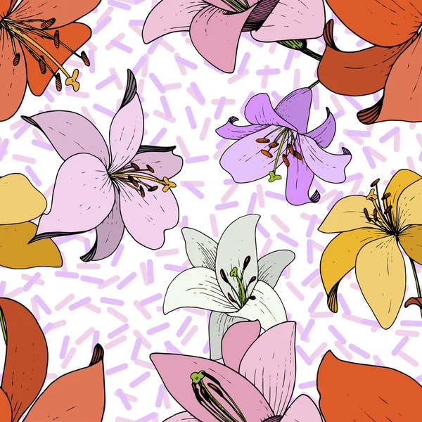 Vector Lily Floral flor botánica. Tinta grabada en blanco y negro. Patrón de fondo sin costuras . — Vector de stock