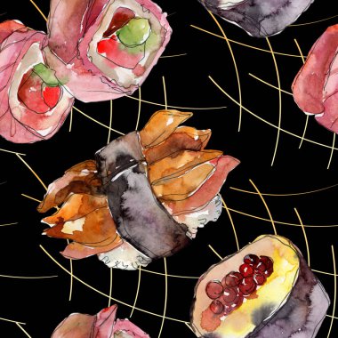 Güzel lezzetli Japon yemekleri illüstrasyon suluboya suşi kümesi. Sorunsuz arka plan deseni.