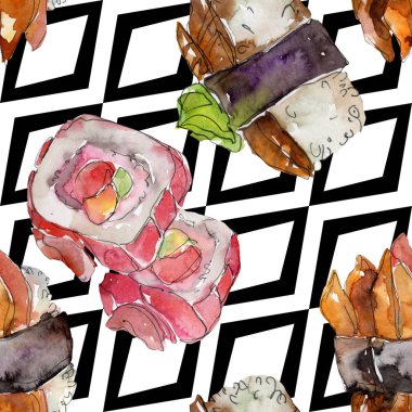 Güzel lezzetli Japon yemekleri illüstrasyon suluboya suşi kümesi. Sorunsuz arka plan deseni.