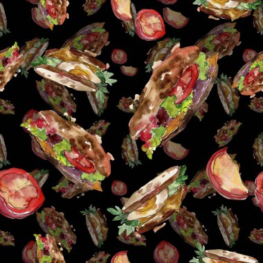 Bir suluboya tarzında sandviç. Suluboya lokanta illüstrasyon öğesi. Sorunsuz arka plan deseni.