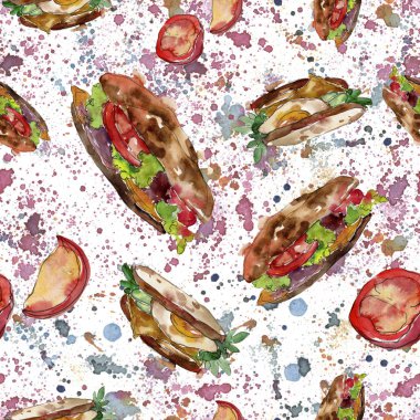 Bir suluboya tarzında sandviç. Suluboya lokanta illüstrasyon öğesi. Sorunsuz arka plan deseni.