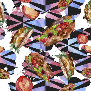 Bir suluboya tarzında sandviç. Suluboya lokanta illüstrasyon öğesi. Sorunsuz arka plan deseni.