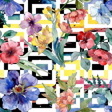 Lüks moda kır çiçekleri ile yazdırır. Suluboya arka plan illüstrasyon küme. Sorunsuz arka plan deseni.