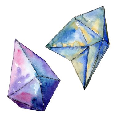 Renkli elmas taş takı mineraller. Suluboya arka plan ayarlamak. İzole kristal illüstrasyon öğesi.