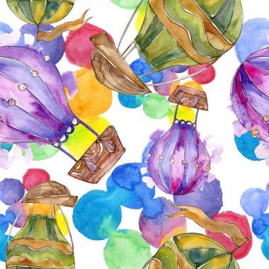 Sıcak hava balon arka plan fly hava taşımacılığı. Suluboya arka plan ayarlamak. Sorunsuz arka plan deseni.