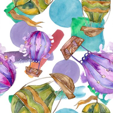 Sıcak hava balon arka plan fly hava taşımacılığı. Suluboya arka plan ayarlamak. Sorunsuz arka plan deseni.