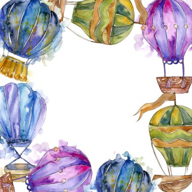 Sıcak hava balon arka plan fly hava taşımacılığı. Suluboya arka plan illüstrasyon küme. Çerçeve kenarlığı süsleme Meydanı.