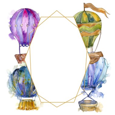 Sıcak hava balon arka plan fly hava taşımacılığı. Suluboya arka plan illüstrasyon küme. Çerçeve kenarlığı süsleme Meydanı.