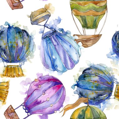 Sıcak hava balon arka plan fly hava taşımacılığı. Suluboya arka plan ayarlamak. Sorunsuz arka plan deseni.