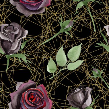 Siyah çiçek botanik çiçekler yükseldi. Suluboya arka plan illüstrasyon seti. Kesintisiz arka plan deseni.