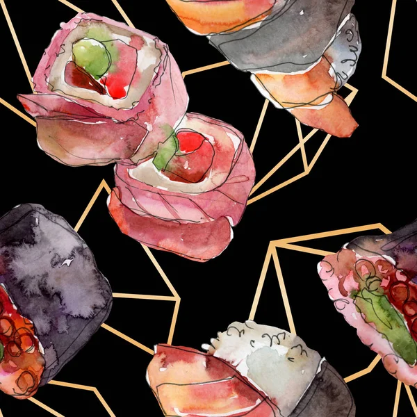 Acuarela sushi conjunto de hermosa sabrosa comida japonesa ilustración. Patrón de fondo sin costuras . — Foto de Stock