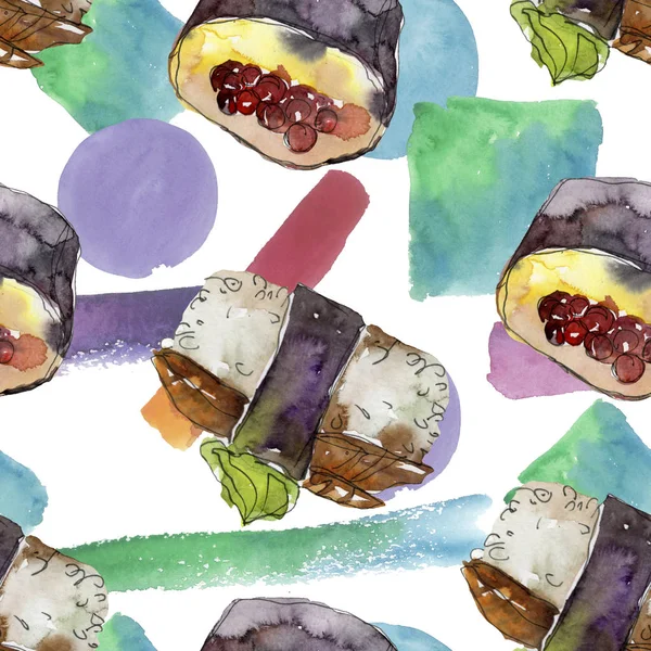 Conjunto de sushi aquarela de bela ilustração de comida japonesa saborosa. Padrão de fundo sem costura . — Fotografia de Stock