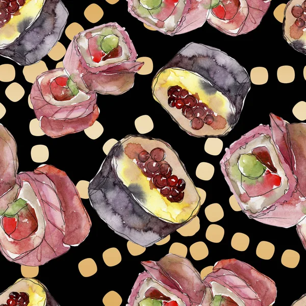 水彩寿司套, 美丽美味的日本美食插画。无缝的背景模式. — 图库照片