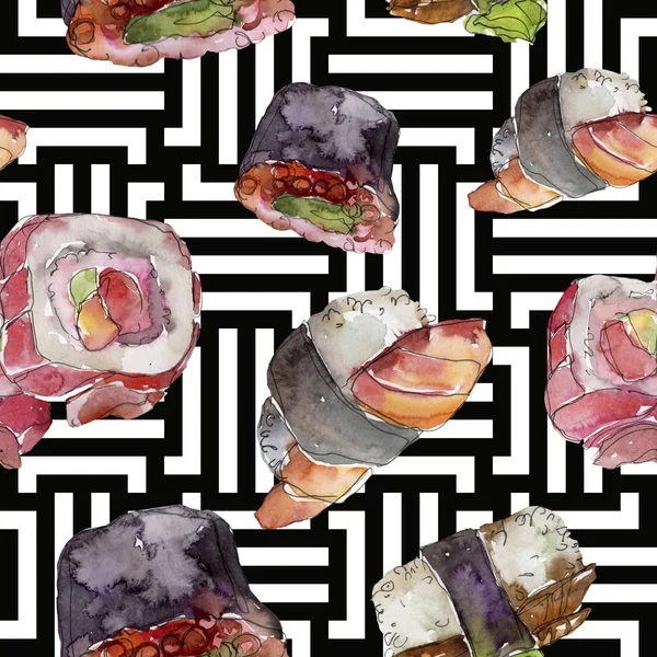 Conjunto de sushi aquarela de bela ilustração de comida japonesa saborosa. Padrão de fundo sem costura . — Fotografia de Stock