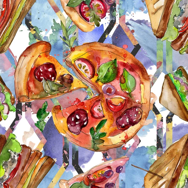 Sandwich im Aquarell-Stil. Aquarell Fast Food Illustrationselement. nahtloses Hintergrundmuster. — Stockfoto